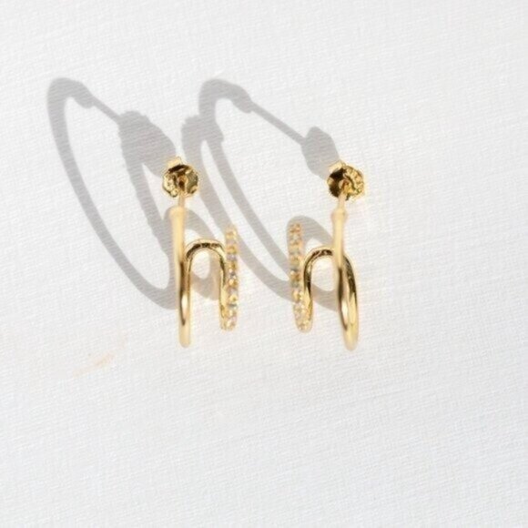 DOUBLE Huggie Earrings Gold CZ Hoop Earrings Non Tarnish Hypoallergenic Jewelry - Picture 11 of 13